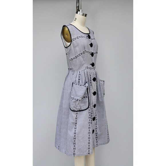 50s 60s Checkered Floral Dress LARGE POCKETS Pleated Pin Up Rockabilly S M - Picture 6 of 10